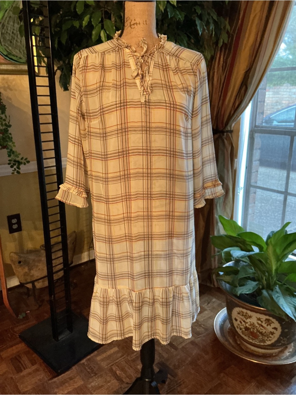 Mint Cream Plaid Ruffle-Trim Mini Dress
